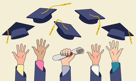 Student hands throwing graduation hats in the air. Vector illustration.のイラスト素材