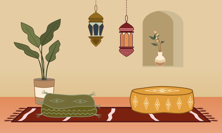 Moroccan, Arab, or Indian interior design with cushions and lantern lamp. Vector illustration.のイラスト素材