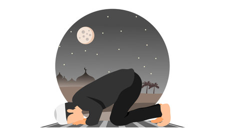 A Muslim man in prostration prayer position on prayer mat at night with a mosque in the desert in background . Vector illustration.のイラスト素材