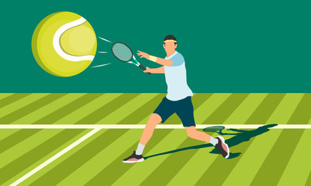 Male tennis player on tennis court.  Tennis player man with racket hits the ball. Vector illustration.のイラスト素材