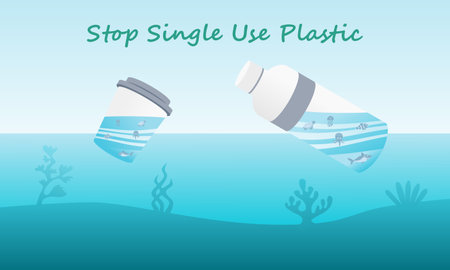 Stop single use plastic campaign. Protest against plastic garbage. Vector illustration.のイラスト素材