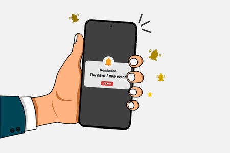 Businessman holding a mobile phone with reminder notifications page on screen. New event notice message on mobile phone. Vector illustration.のイラスト素材