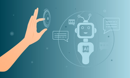 Hand touching on virtual screen to communicate with artificial intelligence robot or chatbot technology concept. Vector illustration.のイラスト素材