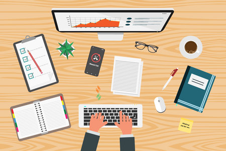 Top view of person using computer for work or study with files and notebooks on deskのイラスト素材