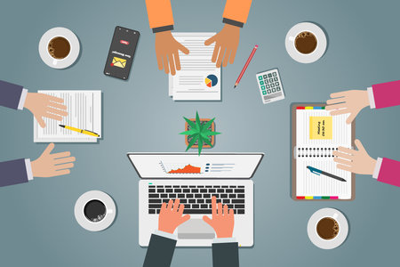 Top view of business group meeting or discussion at a work deskのイラスト素材