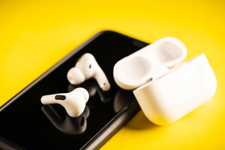 Kuala Lumpur, Malaysia - December 2019. The new airpods pro features active noise cancelling and  customizable fitのeditorial素材