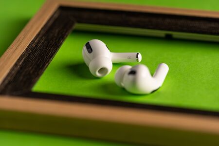 Kuala Lumpur, Malaysia - December 2019. The new airpods pro features active noise cancelling and  customizable fitのeditorial素材
