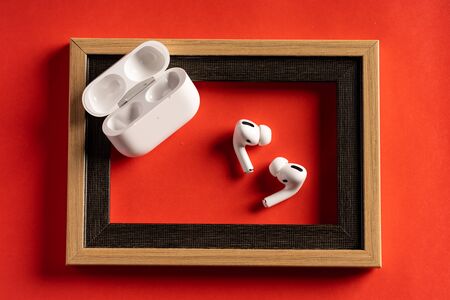 Kuala Lumpur, Malaysia - December 2019. The new airpods pro features active noise cancelling and  customizable fitのeditorial素材