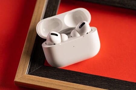 Kuala Lumpur, Malaysia - December 2019. The new airpods pro features active noise cancelling and  customizable fitのeditorial素材