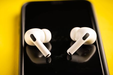 Kuala Lumpur, Malaysia - December 2019. The new airpods pro features active noise cancelling and  customizable fitのeditorial素材