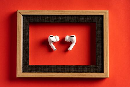 Kuala Lumpur, Malaysia - December 2019. The new airpods pro features active noise cancelling and  customizable fitのeditorial素材