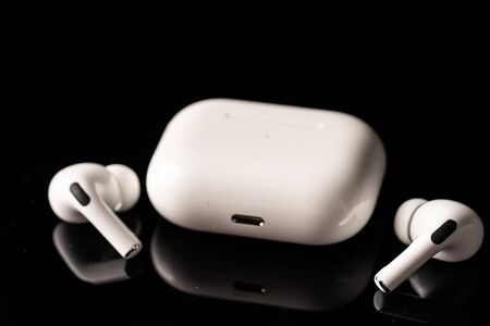 Kuala Lumpur, Malaysia - December 2019. Apple Airpods Pro isolated. The new airpods pro features active noise cancelling and  customizable fitのeditorial素材