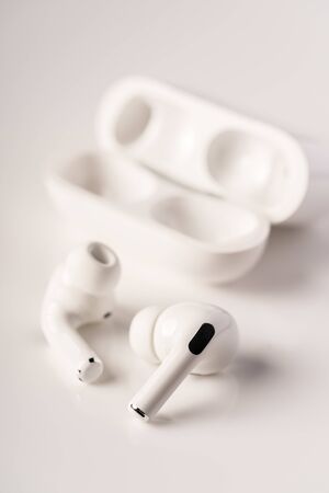 Kuala Lumpur, Malaysia - December 2019. Apple Airpods Pro isolated. The new airpods pro features active noise cancelling and  customizable fitのeditorial素材