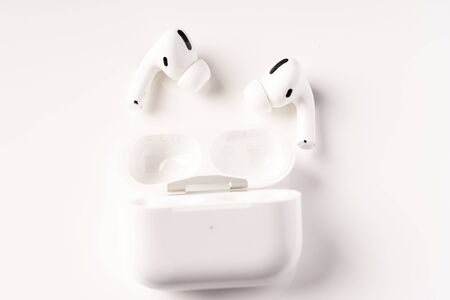 Kuala Lumpur, Malaysia - December 2019. Apple Airpods Pro isolate. The new airpods pro features active noise cancelling and  customizable fitのeditorial素材