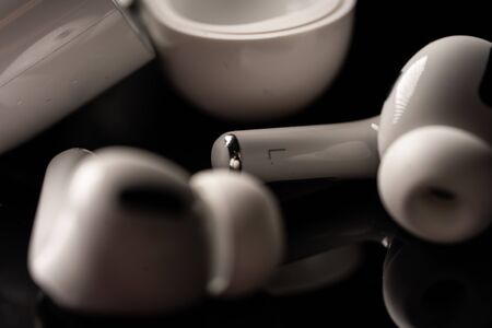 Kuala Lumpur, Malaysia - December 2019. Apple Airpods Pro isolate. The new airpods pro features...