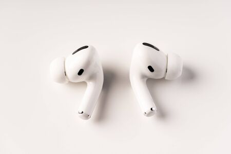 Kuala Lumpur, Malaysia - December 2019. Apple Airpods Pro isolate. The new airpods pro features active noise cancelling and  customizable fitのeditorial素材
