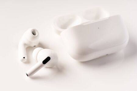 Kuala Lumpur, Malaysia - December 2019. Apple Airpods Pro isolate. The new airpods pro features active noise cancelling and  customizable fitのeditorial素材