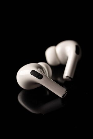 Kuala Lumpur, Malaysia - December 2019. Apple Airpods Pro isolate. The new airpods pro features active noise cancelling and  customizable fitのeditorial素材