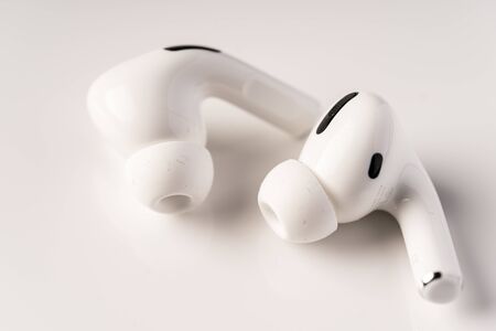 Kuala Lumpur, Malaysia - December 2019. Apple Airpods Pro isolated. The new airpods pro features active noise cancelling and  customizable fitのeditorial素材