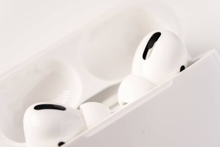 Kuala Lumpur, Malaysia - December 2019. Apple Airpods Pro isolated. The new airpods pro features active noise cancelling and  customizable fitのeditorial素材