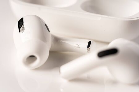Kuala Lumpur, Malaysia - December 2019. Apple Airpods Pro isolated against black. The new airpods...