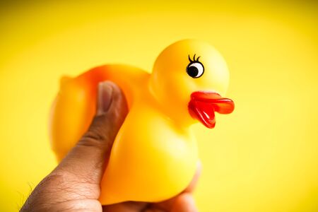 Yellow Rubber duck on yellow backgroundの写真素材