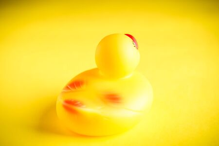 Yellow Rubber duck on yellow backgroundの写真素材
