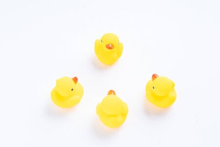 a group of yellow rubber duck with one duck facing different directionの写真素材