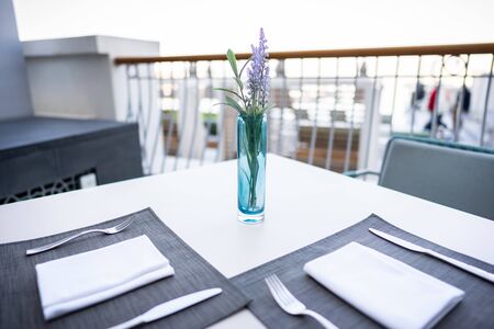 Fresh lavender flower on a dining tableの写真素材