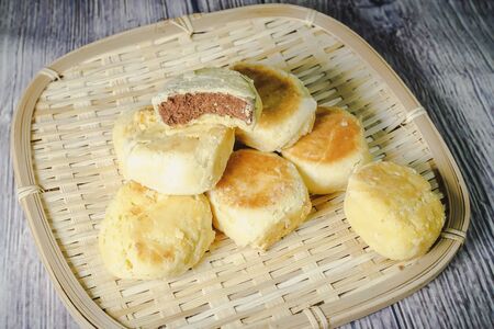 Bakpia Pathok are small, round-shaped Chinese-influenced Indonesian sweet rolls (bakpia), usually stuffed with mung beans, but have recently come in other fillings as wellの写真素材