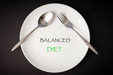 Healthy eating concept. â€œBalanced Dietâ€ wordings on top of a white plate with fork and...