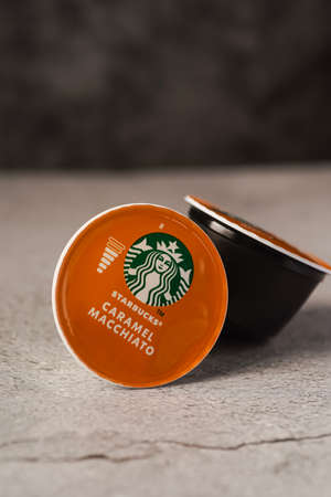 Illustrative editorial shot of Starbucks Caramel Macchiato coffee capsulesのeditorial素材