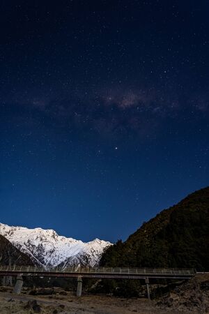Starry night with Milky Way at Aoraki National Park, South Island, New Zealandの写真素材