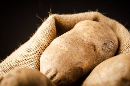 Fresh Potatoes on a rag with dark backgroundの写真素材