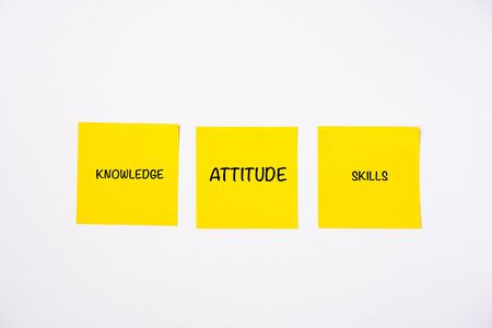 Knowledge, Attitude and Skills wordings on sticky notes isolated against white