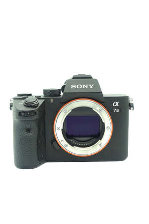Sony A7 mark iii against isolated white background. This 2018 mirrorless camera of the year is a...