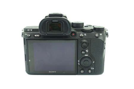 Sony A7 mark iii against isolated white background. This 2018 mirrorless camera of the year is a...