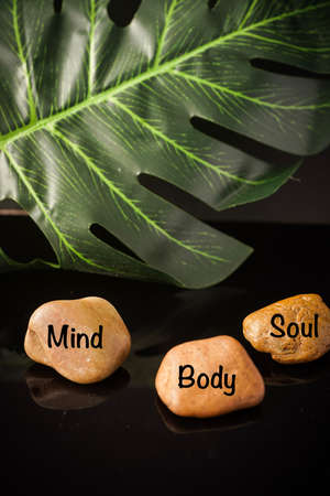 Zen Concept: Mind, Body and Soul wordings on stones against black backgroundの写真素材