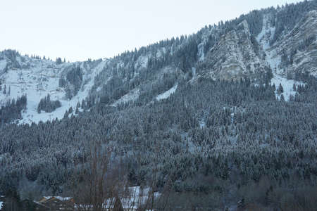 The beautiful mountain cottages in Thollon Les Memises, France in Winterの写真素材