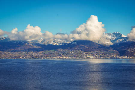 A beautiful view and scenery of Lake Lucerne in Lavaux, Switzerlandの写真素材