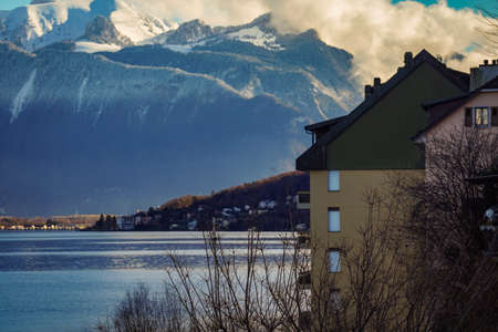 A beautiful view and scenery of Lake Lucerne in Lavaux, Switzerlandの写真素材