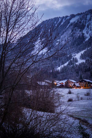 The beautiful mountain cottages in Thollon Les Memises, France in Winterの写真素材