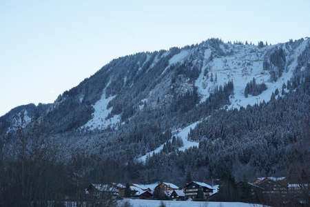 The beautiful mountain cottages in Thollon Les Memises, France in Winterの写真素材