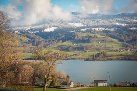A beautiful view and scenery of Lake Lucerne in Lavaux, Switzerlandの写真素材