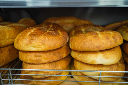 delicious breads on store shelfの写真素材