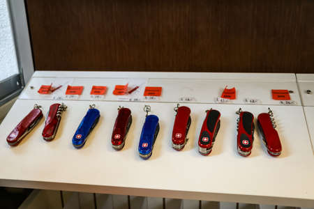 The Victorinox Swiss Army Knife on display at a local shopのeditorial素材