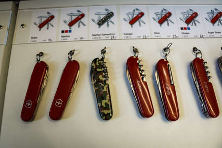 The Victorinox Swiss Army Knife on display at a local shopのeditorial素材