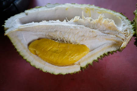 Closed up shot of The Musang King durian, also known by its original name Raja Kunyit, has deep...