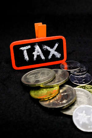 âTAXâ wording on a stack of coins, isolatedの写真素材