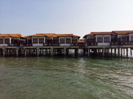 Scenic aerial view of beautiful water chalets in Avillion Port Dickson, Malaysiaのeditorial素材